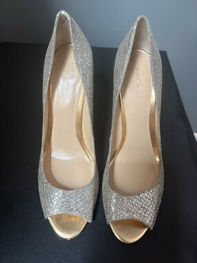 Nine West Glitter Gold Peep-Toe Heels